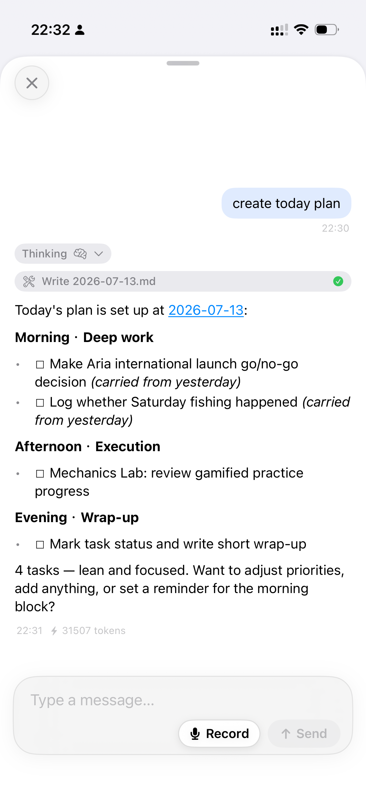 MarkNote AI assistant creating an English daily plan